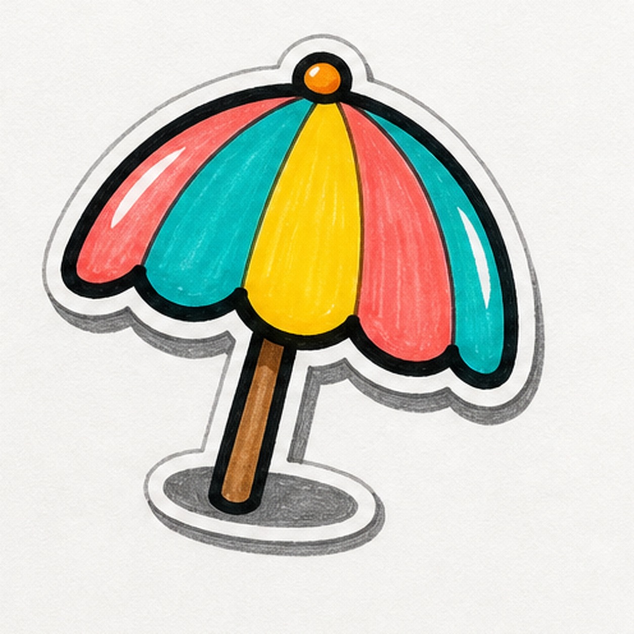 Bold marker doodle of a beach umbrella badge with scalloped canopy, curved panel seams, turquoise coral and yellow fills, white shine gaps, center pole, thick black outline, and gray sticker shadow