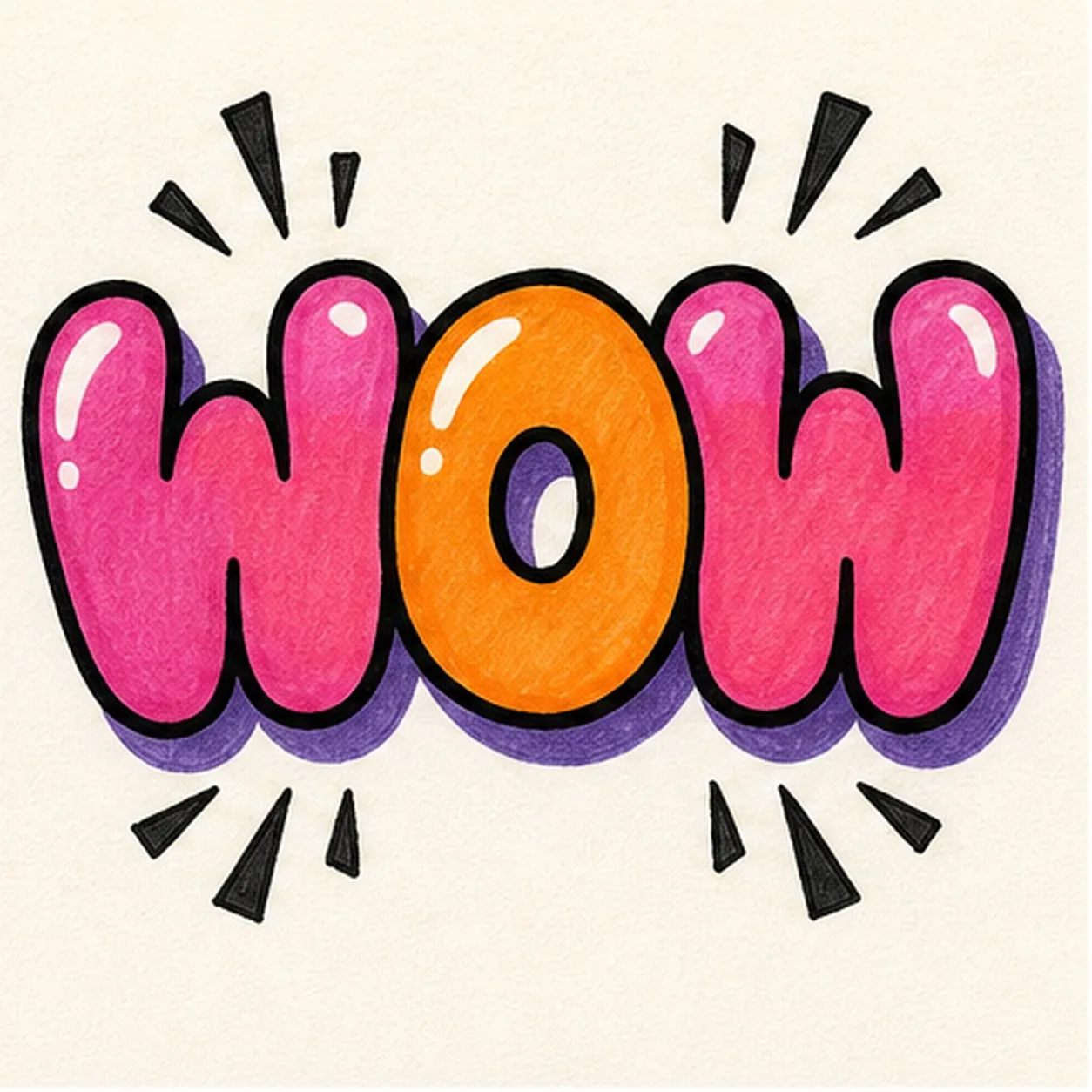 Bold marker doodle of the word WOW in pink and orange bubble letters with thick black outline, white shine gaps, purple drop shadow, comic burst marks, and visible marker texture