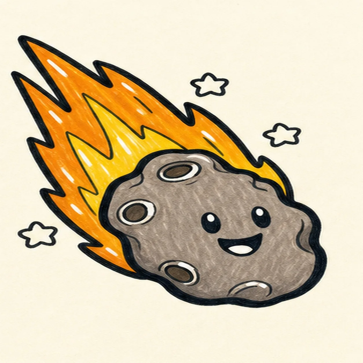 Bold marker doodle of a smiling cartoon asteroid with gray-brown cratered rock, orange and yellow flame trail, small star puffs, thick black outline, white highlights, and marker texture