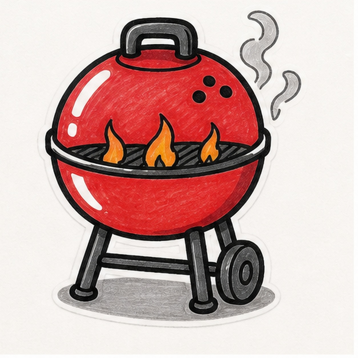 Bold marker doodle of a red kettle barbecue grill with domed lid, black handle and vent dots, short legs, two wheels, grate, orange flames, gray smoke curls, white shine gaps, thick black outline, and gray sticker shadow