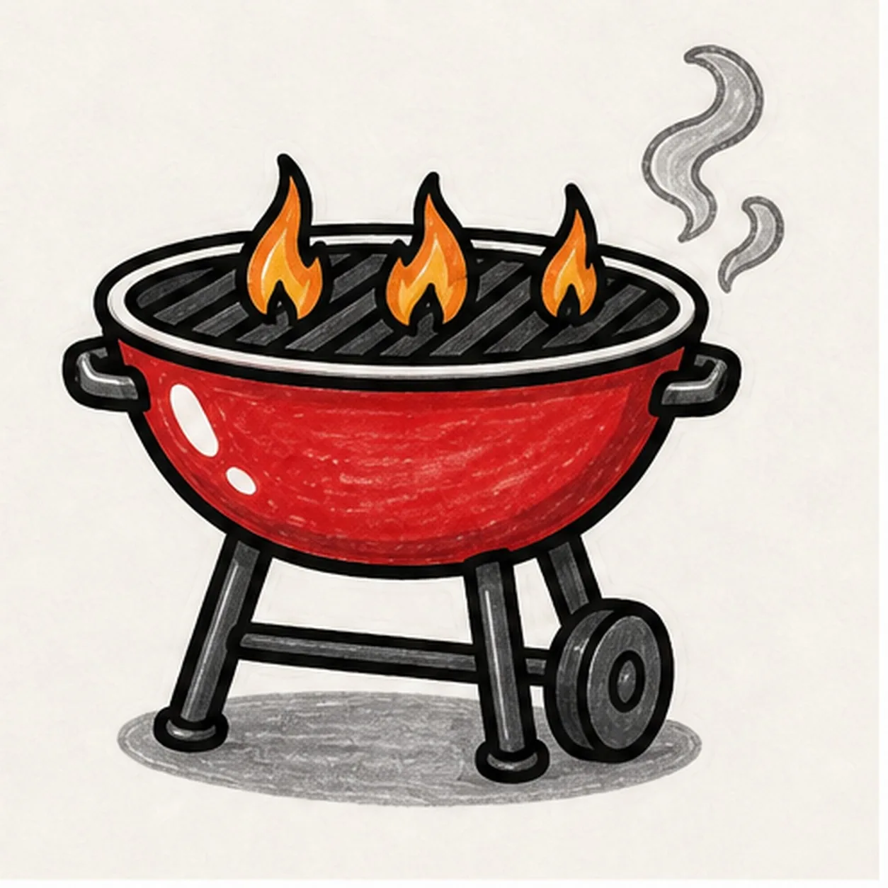 Bold marker doodle of an open red kettle barbecue grill with thick rim, side handles, short legs, two wheels, black grate, orange flames, gray smoke curls, white shine gaps, thick black outline, and gray sticker shadow