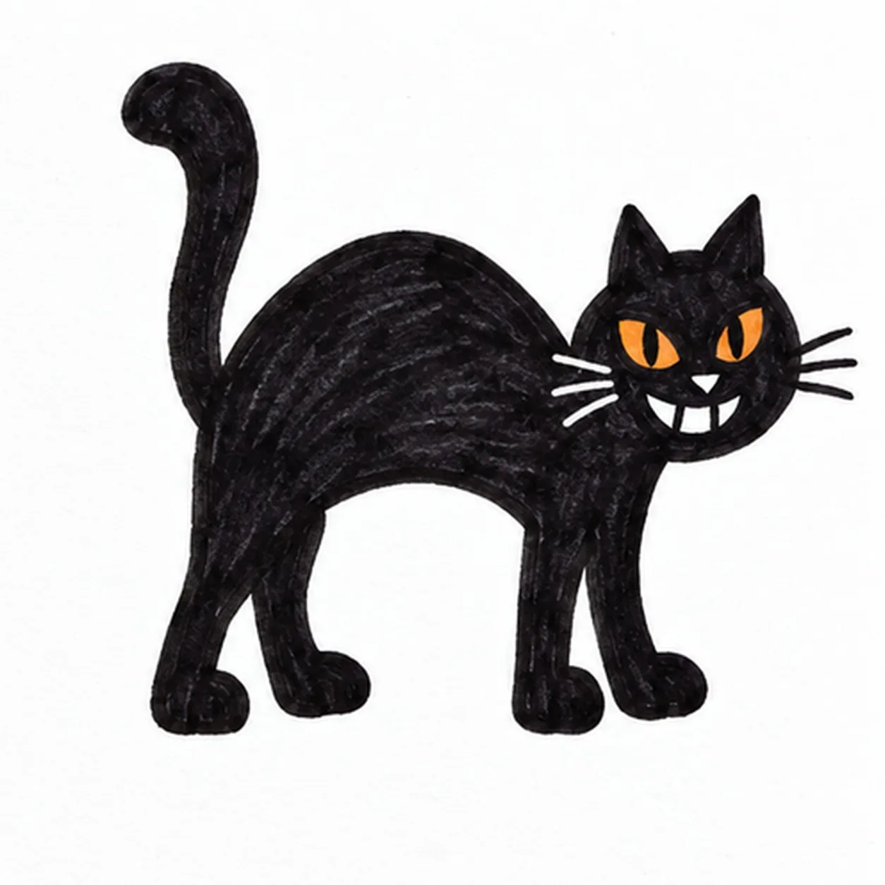 Handmade black felt-tip marker drawing of a right-facing cartoon black cat with a high arched back, upright curled tail, four rounded paws, two amber slanted eyes, a two-tooth grin and three whiskers on each cheek