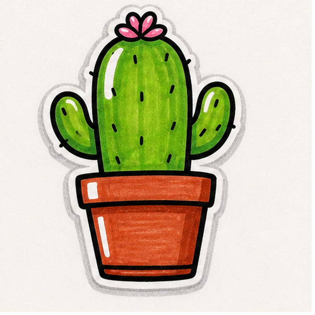 Bold marker doodle of a potted cactus sticker with terracotta flower pot, green rounded cactus stem and arms, black spine dashes, pink flower, white shine gaps, thick black outline, and gray sticker shadow