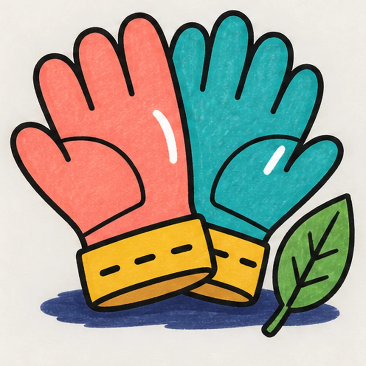 Set the bright marker color stage for how to draw cartoon garden gloves with a leaf