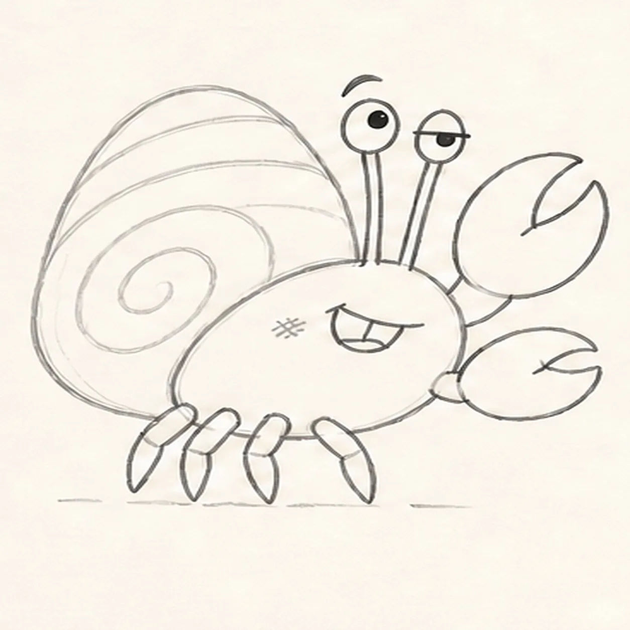 Spiral the shell and face stage for how to draw a cartoon hermit crab