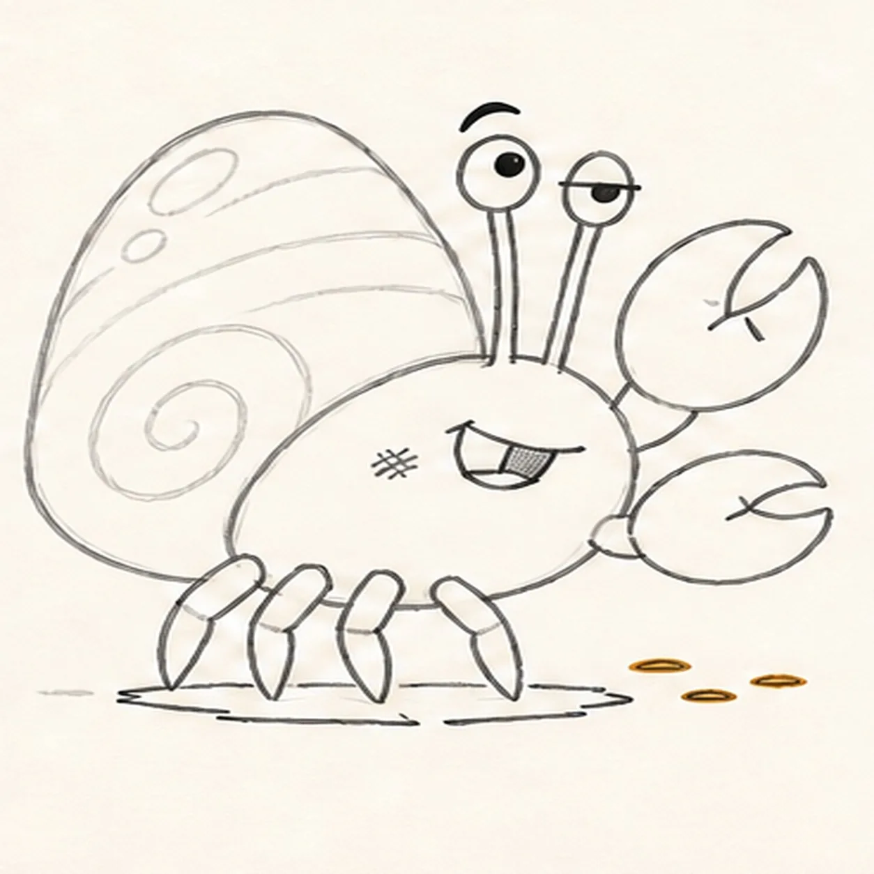 Place beachy details stage for how to draw a cartoon hermit crab