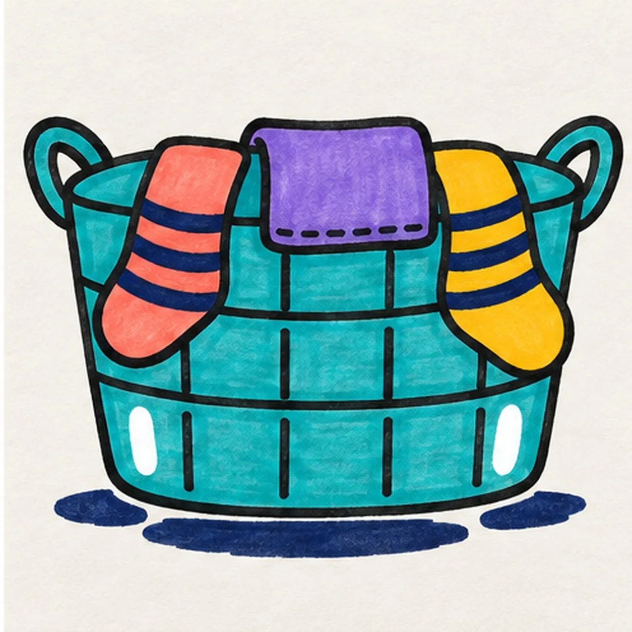 Handmade face-free felt-tip marker drawing of one front-facing teal laundry basket with exactly two oval side handles, three broad horizontal weave rows, four aligned vertical divider routes, one coral sock and one golden-yellow sock draped over the rear rim with exactly three deep-navy curved stripes each, one violet folded towel between them with one dark stitched edge, exactly two open-paper highlights on the lower basket front, thick imperfect black outlines, visible marker streaks, and one broken deep-navy ground shadow