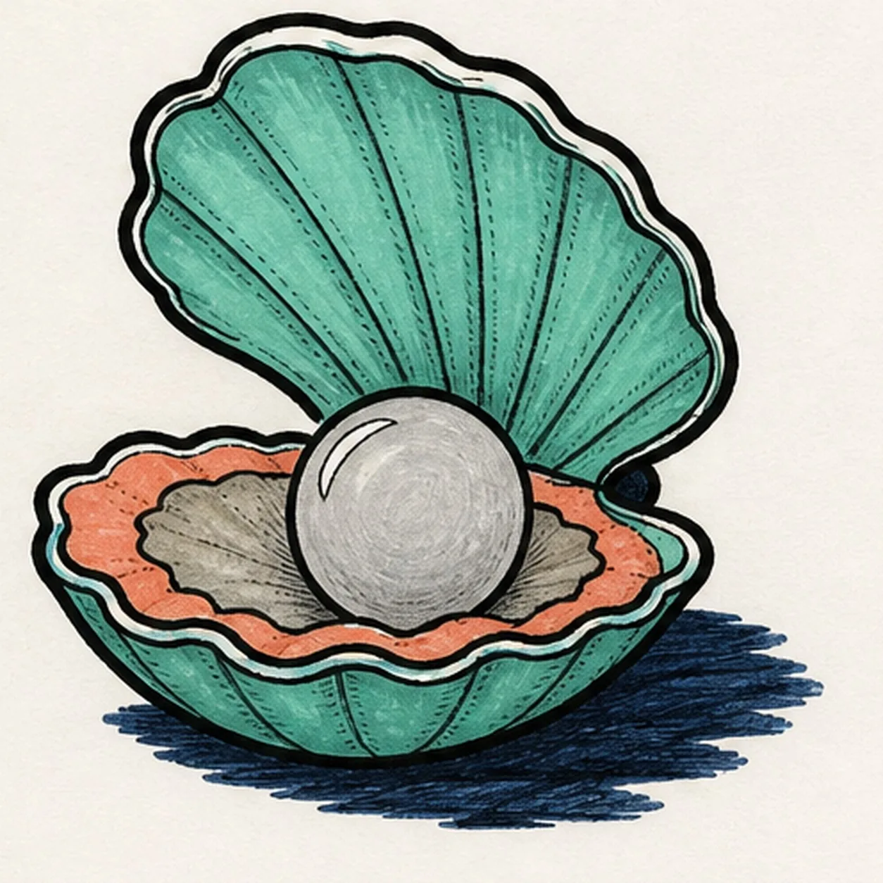 Handmade face-free felt-tip marker drawing of one open oyster in a three-quarter view with exactly two hinged shell halves, one raised seafoam fan shell, one cupped seafoam lower shell, one dark navy hinge, exactly one large pearl-gray pearl seated in the center, one coral scalloped inner lip, one muted-gray lower shell bed, broad radiating ribs, one thin white crescent highlight on the pearl, one thin white highlight along the upper rim, thick imperfect black outlines, visible marker streaks, and one broken deep-navy ground shadow