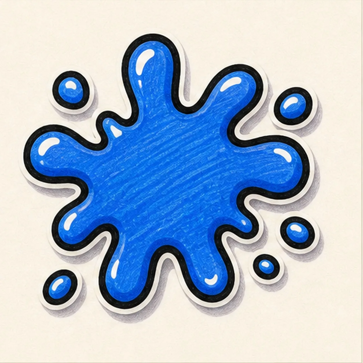 Bold blue marker doodle of a cartoon paint splat with uneven arms, small droplets, thick black outline, white highlight gaps, marker streaks, and a soft sticker shadow