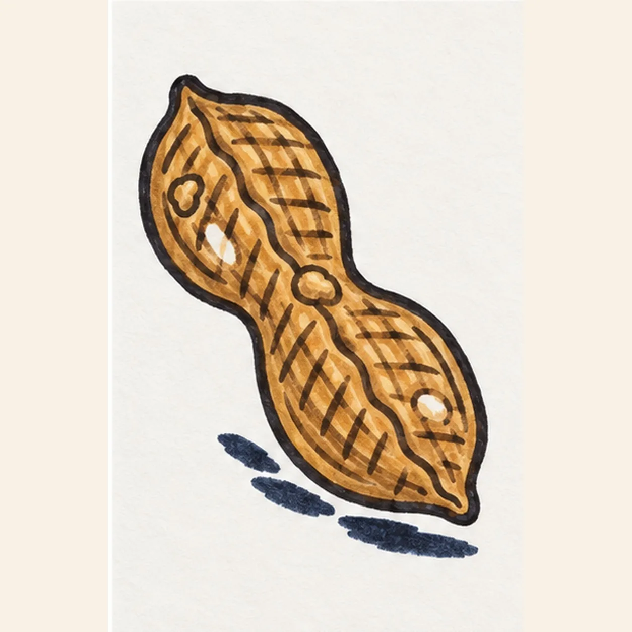 Handmade felt-tip marker drawing of one face-free whole peanut shell tilted diagonally with two rounded golden-tan lobes, one dark wavy center seam, two curved inner rims, crossed brown shell grooves, exactly three raised bumps, exactly two open-paper highlights, thick imperfect black outlines, visible ochre marker streaks, and one broken deep-navy shadow