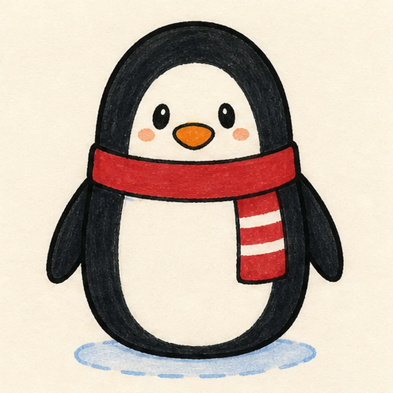 Handmade felt-tip marker drawing of one upright black and white cartoon penguin with exactly two side flippers, one small orange beak, exactly two oval eyes, exactly two peach cheek marks, one red scarf with a short hanging tail and exactly three pale stripe bands, thick imperfect black outlines, visible marker fill texture, and one broken pale-blue oval shadow