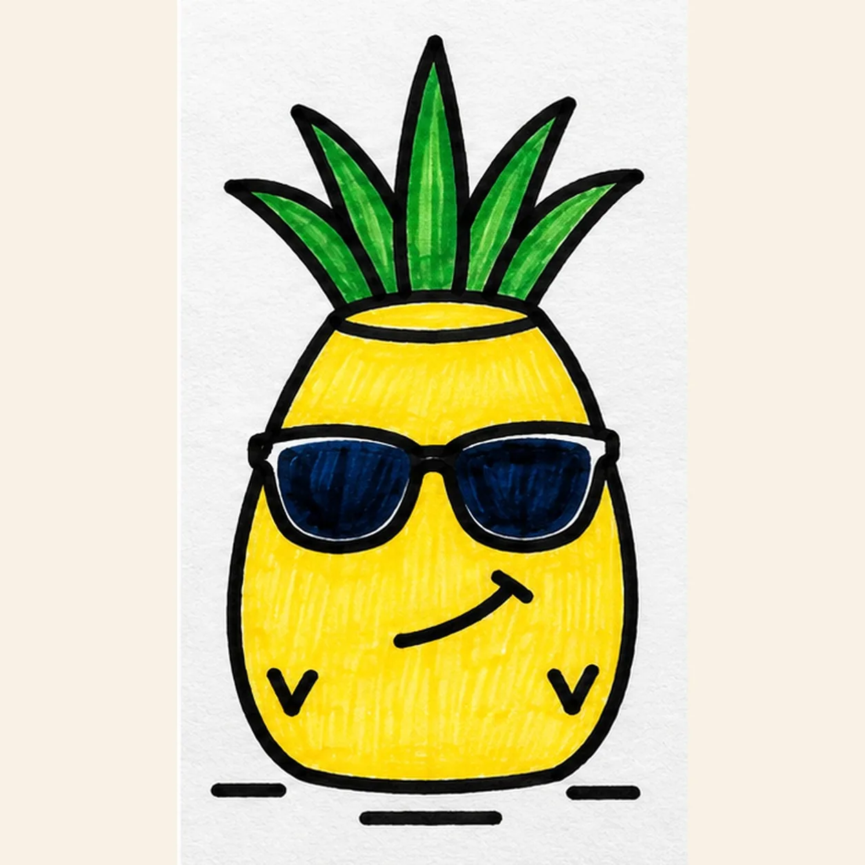 Handmade felt-tip marker cartoon pineapple with five pointed green crown leaves, yellow body, two connected dark teal sunglasses lenses, a crooked smirk, two V-shaped rind marks, three ground strokes and visible marker streaks