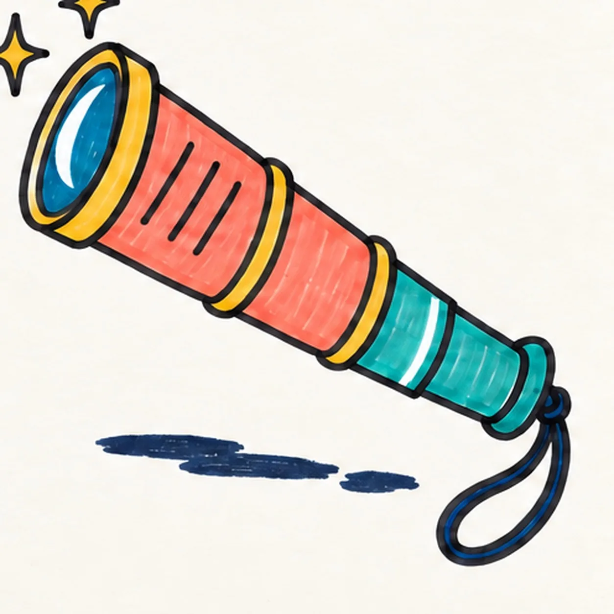 Handmade face-free felt-tip marker drawing of one pirate spyglass tilted from lower right toward upper left with one coral tapered main barrel, exactly three black diagonal grip stripes, one wide golden-yellow front lens ring, one deep-aqua lens with one large open-paper crescent reflection, exactly two teal telescoping rear tubes, exactly two golden-yellow joint collars, one rounded teal eyepiece, one deep-navy wrist cord attached with one knot and forming one open loop, exactly three golden-yellow four-point sparkle bursts, exactly two open-paper hardware highlights, thick imperfect black outlines, visible marker streaks, and one broken deep-navy shadow made from three loose patches