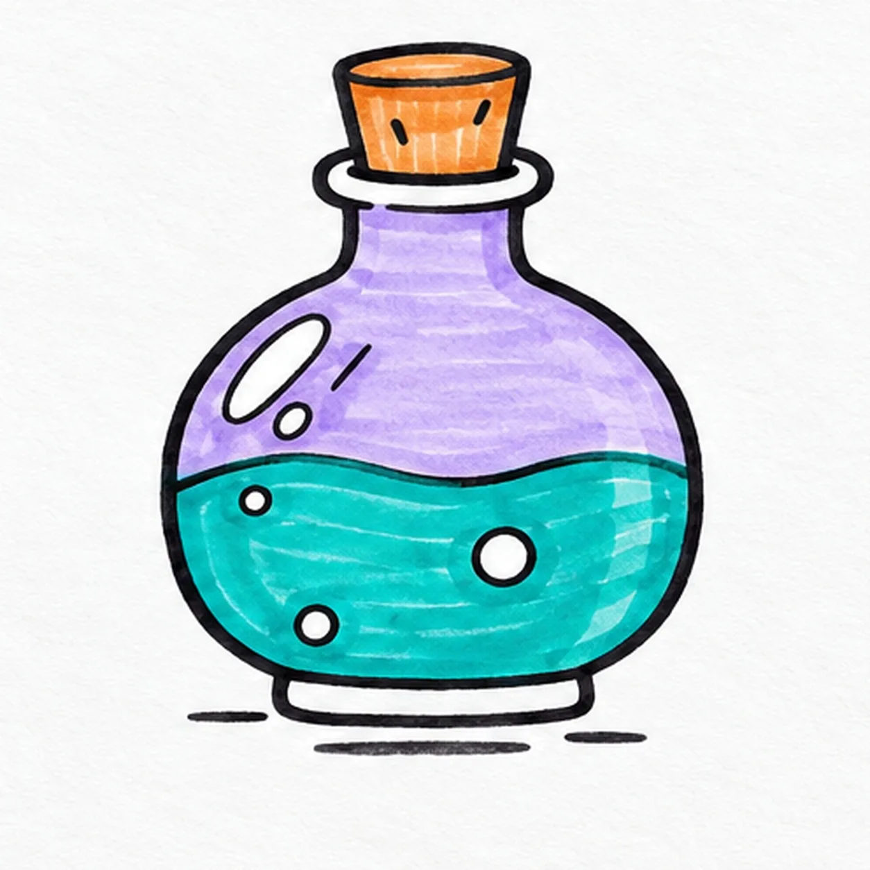 Handmade felt-tip marker drawing of one rounded corked potion flask with a short foot, teal liquid, three asymmetrically staggered white bubbles, two oval glass shines and one diagonal shine, orange cork, lavender upper glass and three ground marks