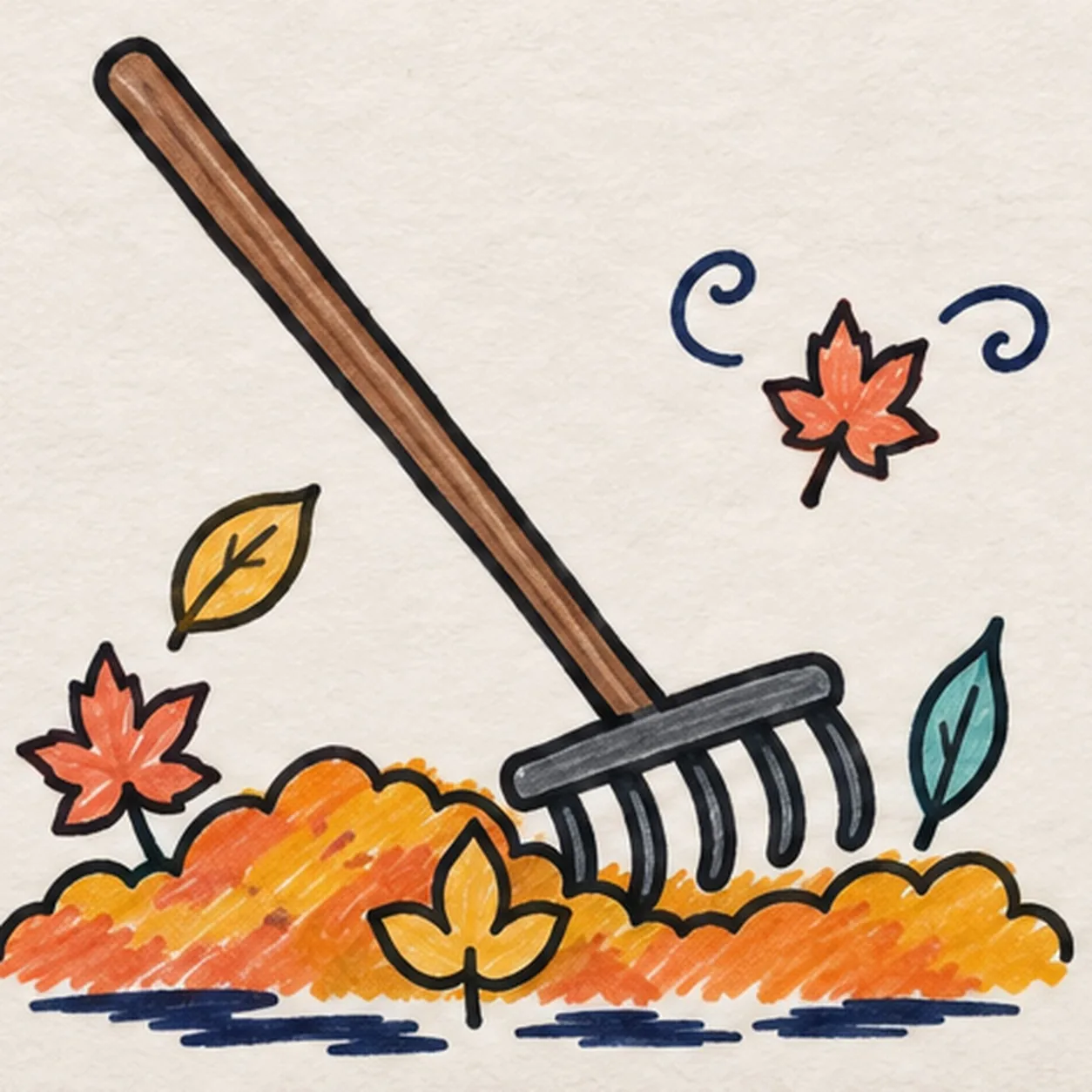 Handmade felt-tip marker drawing of one diagonal warm-brown rake with one charcoal head and exactly five curved tines leaning over a scalloped orange-and-yellow leaf pile, exactly five distinct coral, yellow, orange, and teal leaves, exactly two navy breeze curls, thick imperfect black outlines, visible marker streaks, and one broken navy ground shadow.