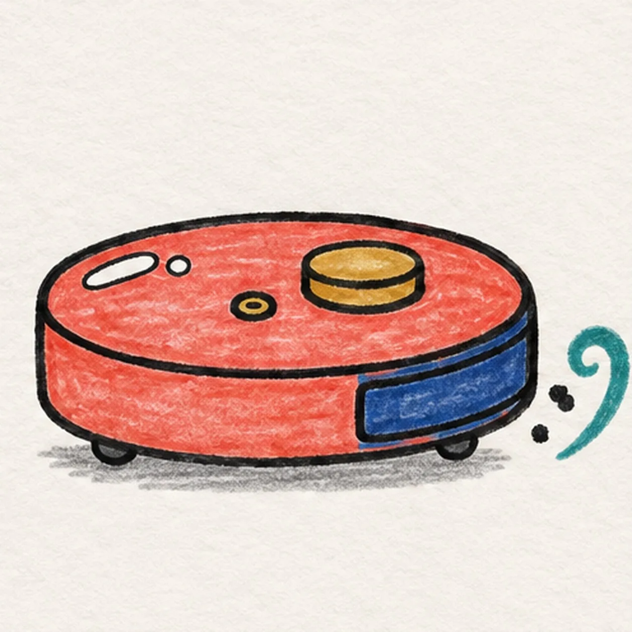 Handmade felt-tip marker drawing of one coral-red robot vacuum in three-quarter view with a dark blue front bumper, one gold top sensor, one small power button, two tucked wheel tabs, two white shell highlights, one teal dust curl, two black dust marks, a broken gray shadow, thick imperfect black outlines, and visible marker streaks
