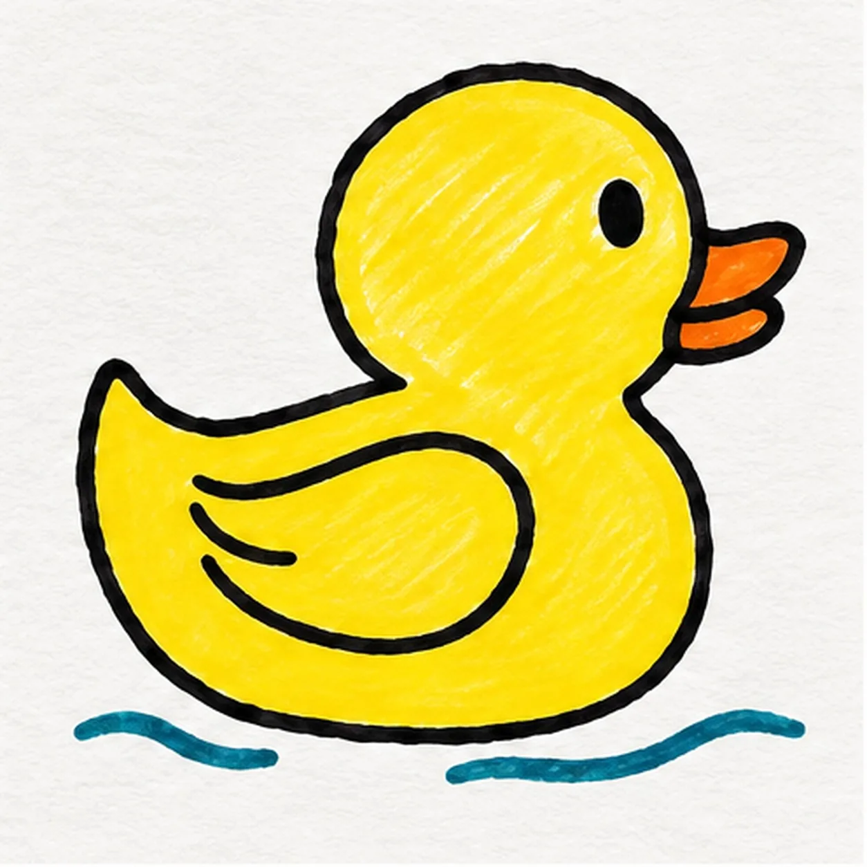 Handmade felt-tip marker drawing of one right-facing sunny-yellow rubber duck with a round head, one black oval eye, one orange two-lobed beak, one plump body, one small raised tail, one broad wing with one short inner feather stroke, two separate teal water ripples below, thick imperfect black outlines, and visible marker streaks
