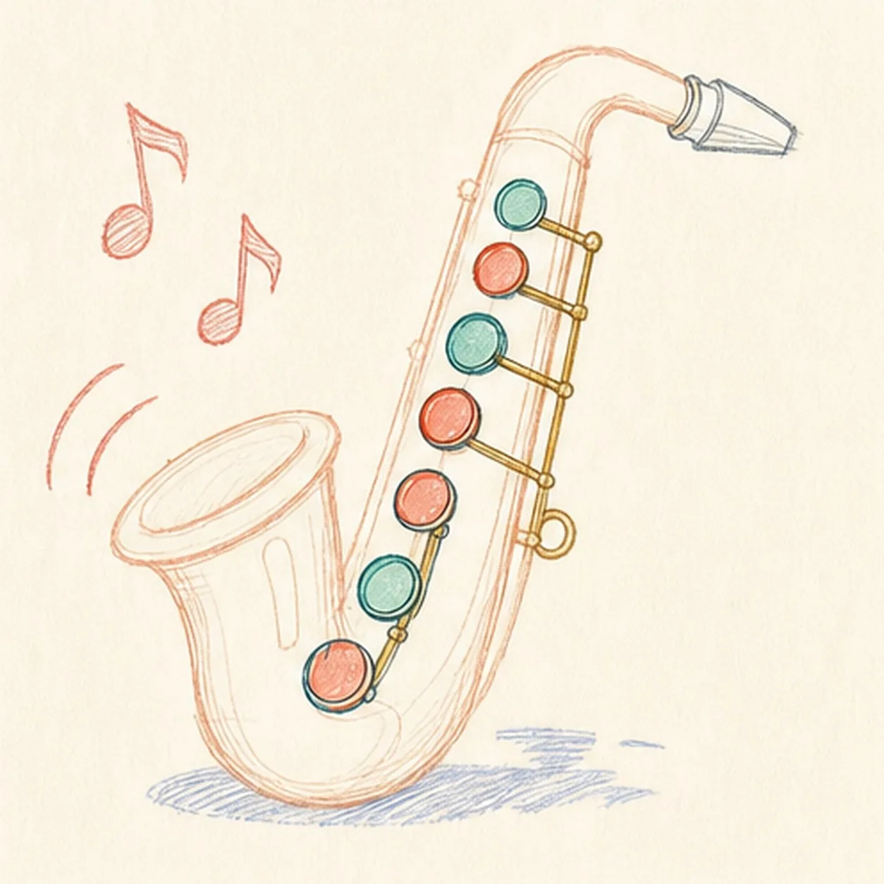 Place the keys and sound marks stage for how to draw a cartoon saxophone