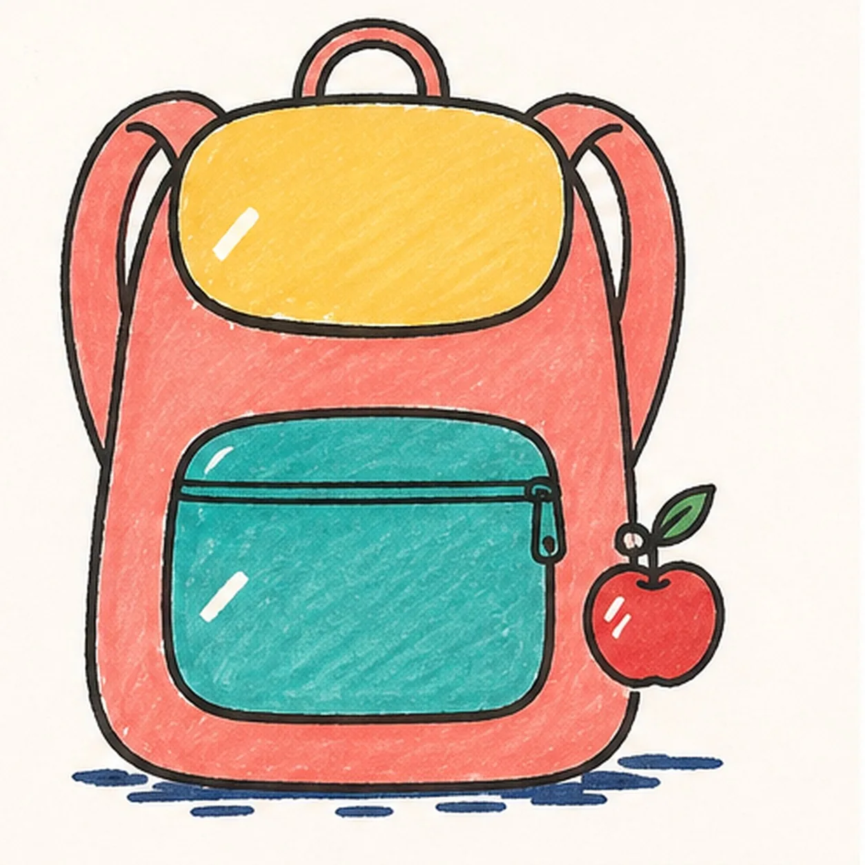 Handmade felt-tip marker drawing of one front-facing coral cartoon school backpack with exactly two curved coral shoulder straps, one yellow rounded top flap, one teal rounded front zipper pocket, one small red apple keychain attached to the pocket zipper pull with exactly one green leaf, two open-paper highlights, thick imperfect black outlines, visible marker fill texture, and one broken navy ground shadow