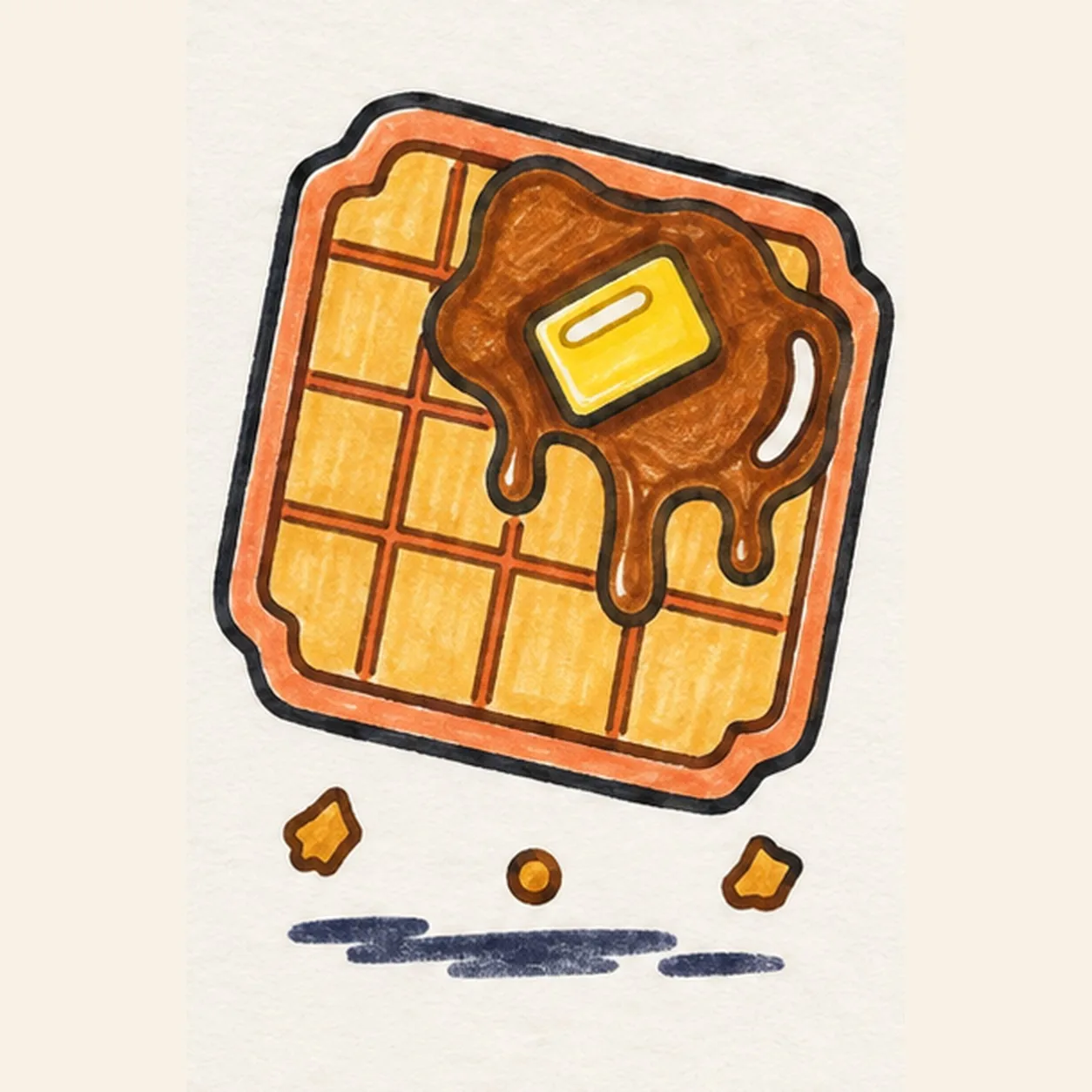 Handmade felt-tip marker drawing of one tilted golden waffle with an orange edge, three vertical and three horizontal grooves, an amber syrup pool with exactly three drips, one yellow butter pat, two white highlights, exactly three crumbs, and one broken navy ground shadow.