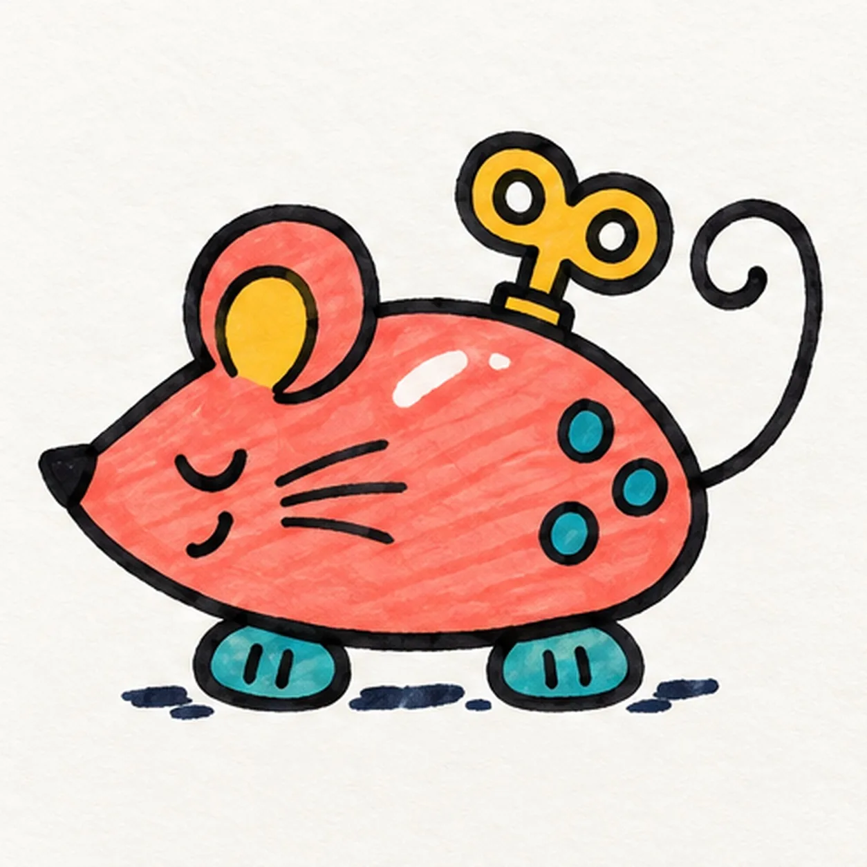 Handmade felt-tip marker drawing of one left-facing coral wind-up toy mouse with one round mustard inner ear, one sleepy crescent eye, one black triangular nose, one crooked smile, exactly three black whiskers, exactly two teal feet with two seam marks each, one black tail curled into an open loop, one attached mustard wind-up key with two oval lobes, exactly three teal body spots, exactly two open-paper highlights, thick imperfect black outlines, visible marker streaks, and one broken deep-navy shadow