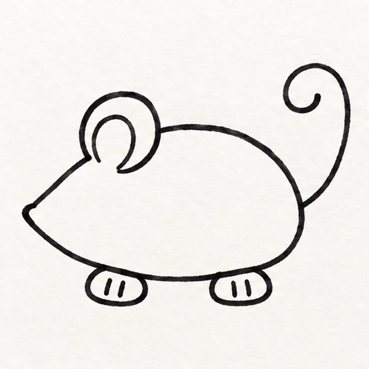 Add the feet and curled tail stage for how to draw a cartoon wind-up mouse