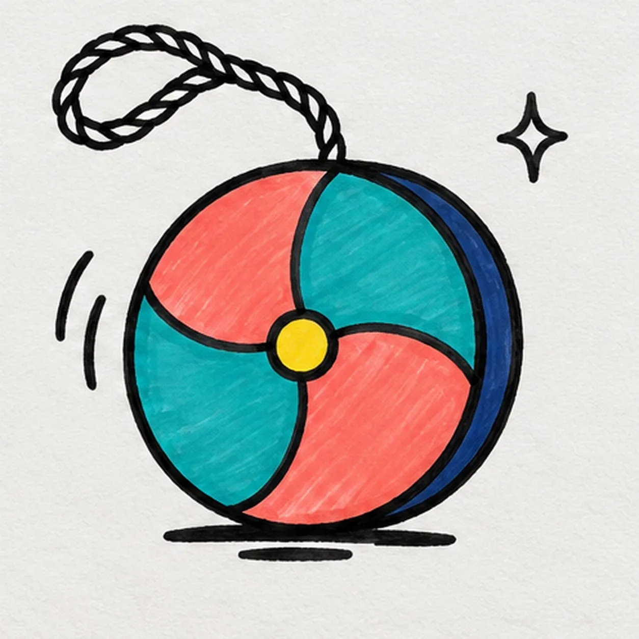 Handmade felt-tip cartoon yo-yo with four alternating coral and teal sectors, yellow center hub, navy side rim, one upper-left string loop, two left motion strokes, one four-point sparkle and broken ground shadow