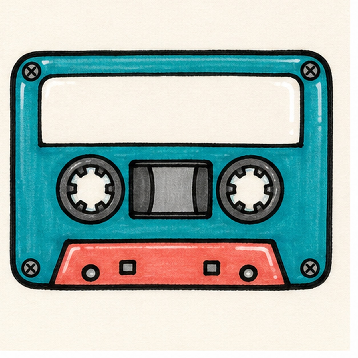 Bold marker doodle of a retro cassette tape sticker with teal body, blank label window, tape reels, red bottom stripe, screw dots, thick black outline, and marker texture