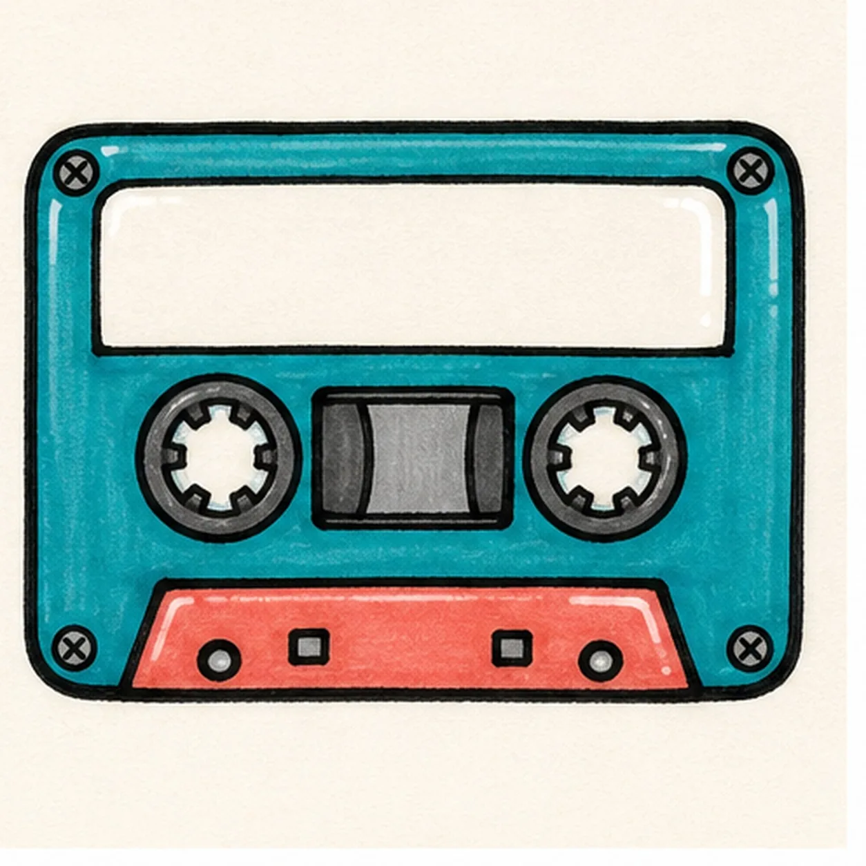 Bold marker doodle of a retro cassette tape sticker with teal body, blank label window, tape reels, red bottom stripe, screw dots, thick black outline, and marker texture