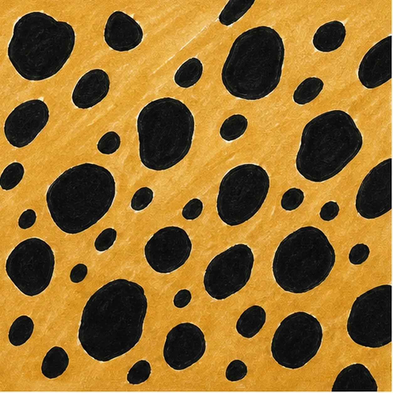Handmade marker drawing of a cheetah-print pattern filling the square page with varied large and small irregular solid black spots, several spots clipped naturally at the crop edges, loose diagonal spacing, thick imperfect felt-tip fill, golden-ochre and warm-tan marker color, visible directional streaks, and small intentional paper gaps; no animal, face, border, rosette, text, sticker, or badge