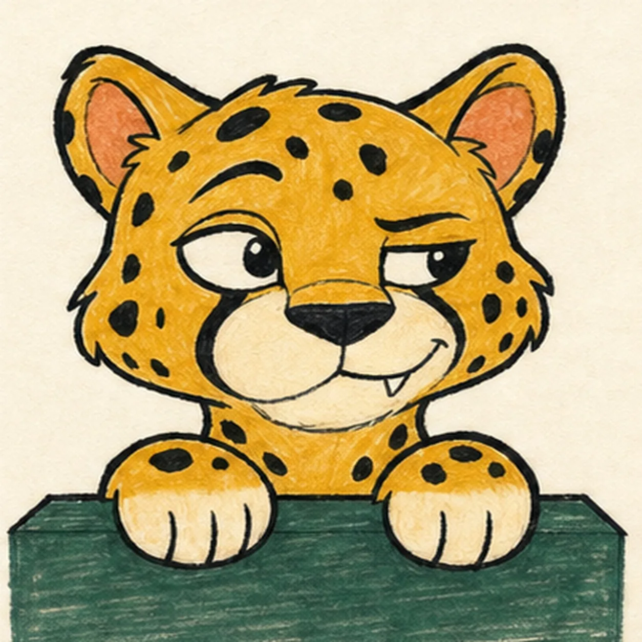 Handmade marker drawing of one cheeky near-front cartoon cheetah cub peeking over a muted deep-green ledge with exactly two rounded forepaws, three black toe lines on each cream paw tip, a golden-ochre head and visible neck, two uneven rounded ears with dusty-coral interiors, one wide almond eye and one narrower half-lidded eye glancing sideways, one raised brow, one compact black nose, a divided cream muzzle, one crooked smirk with one small triangular canine, exactly two black facial tear stripes, irregular solid black spots across the head, ears, neck, and paws, thick imperfect black outlines, visible marker strokes, and warm-paper highlight gaps; no full body, tail, rosette, scenery, text, sticker edge, or badge frame