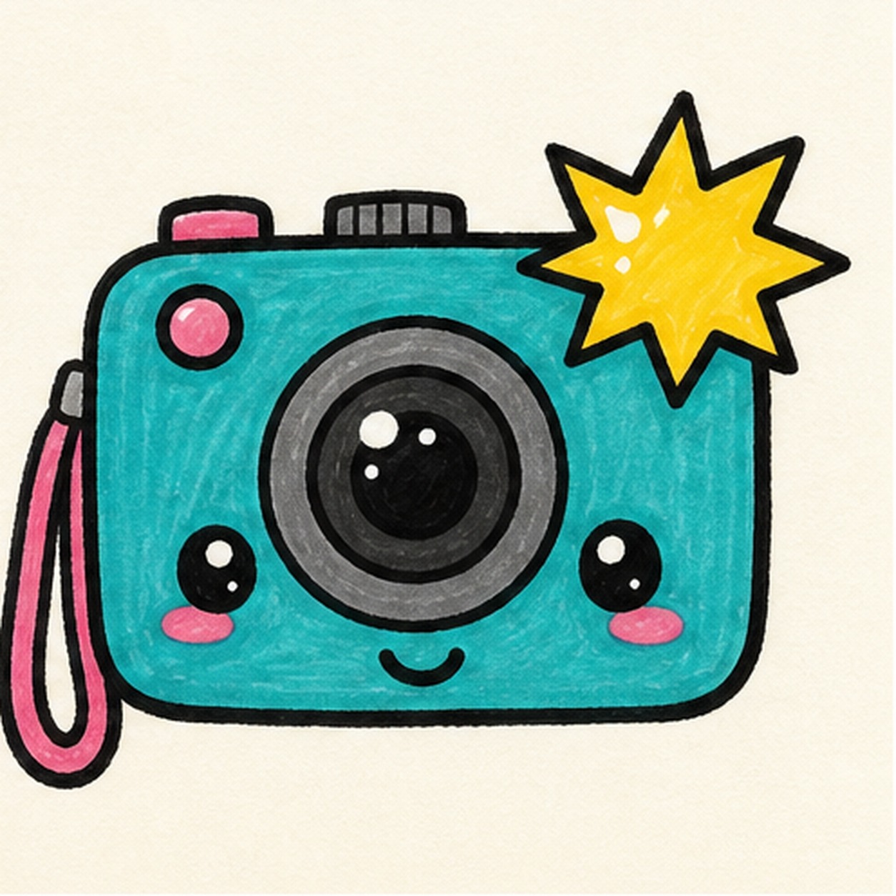 Bold marker doodle of a cute teal comic camera with large lens, yellow flash burst, pink strap, face, buttons, thick black outline, and marker texture