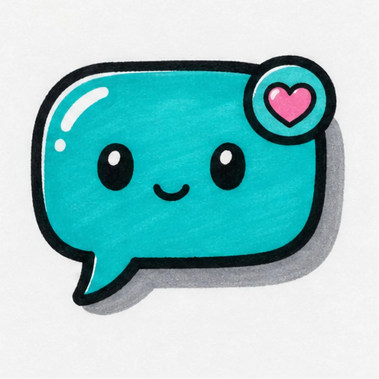 Bold marker doodle of a teal comic chat bubble with tail, cute face, heart notification badge, gray shadow, white highlights, thick black outline, and marker texture