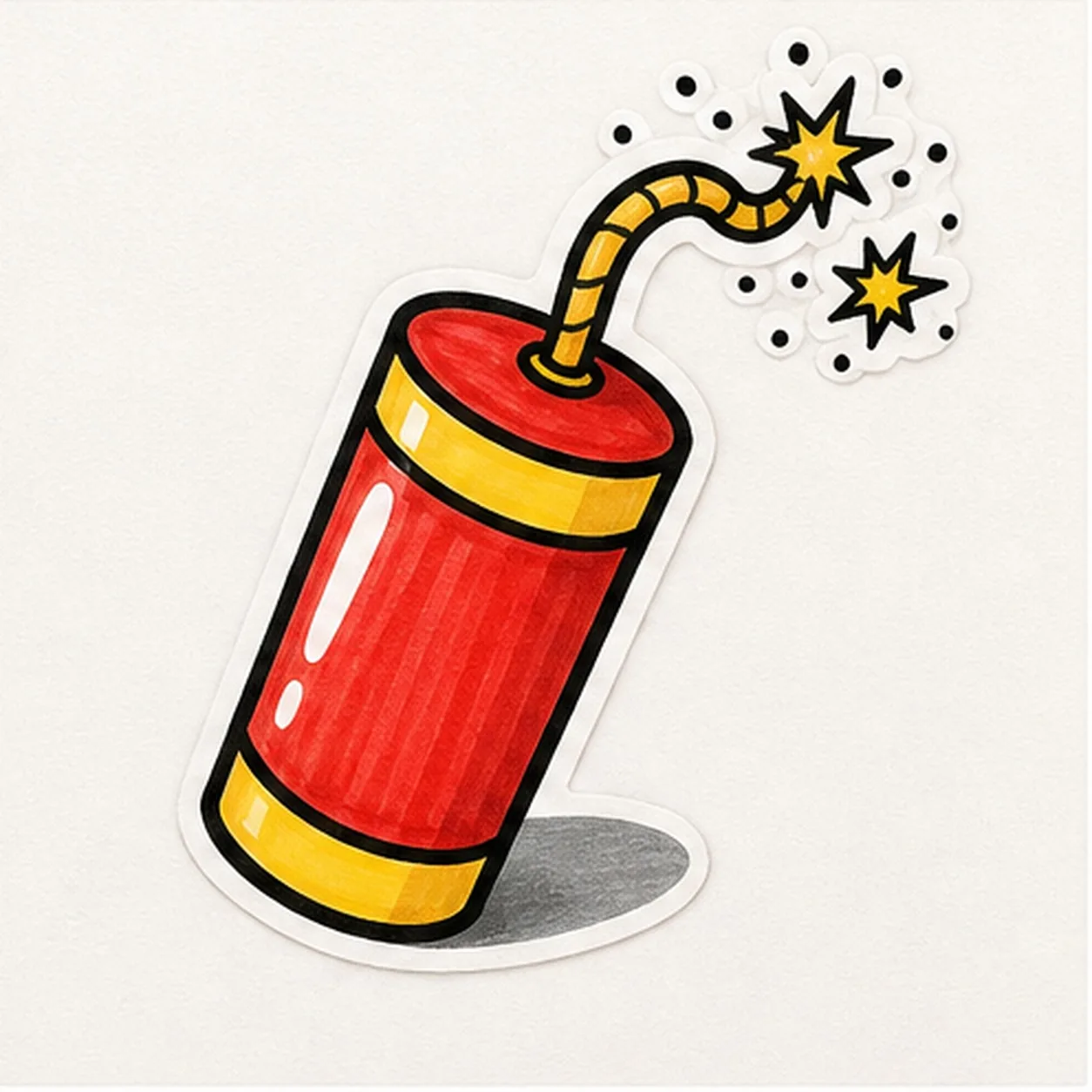 Bold marker doodle of a tilted red firecracker with yellow bands, curved fuse, star sparks, white shine gaps, thick black outline, marker texture, and gray sticker shadow