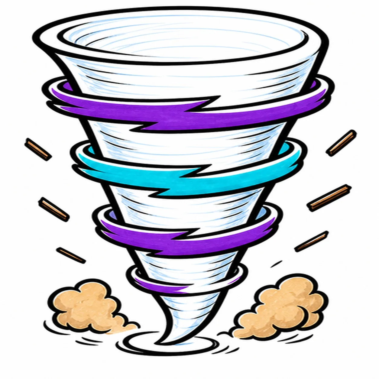 Handmade face-free marker drawing of a tapered comic tornado with four wrapped purple, cyan, and blue wind bands, two tan dust puffs, six flying debris strokes, thick black outlines, and white gaps between the bands