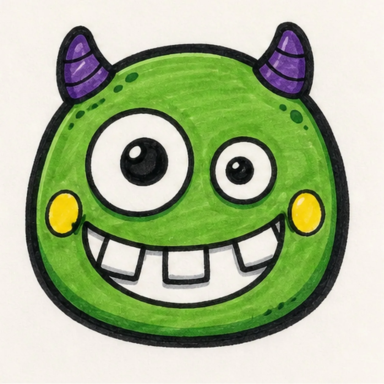 Bold marker doodle of a goofy green monster face with purple horns, uneven eyes, toothy grin, yellow cheek spots, thick black outline, and marker texture
