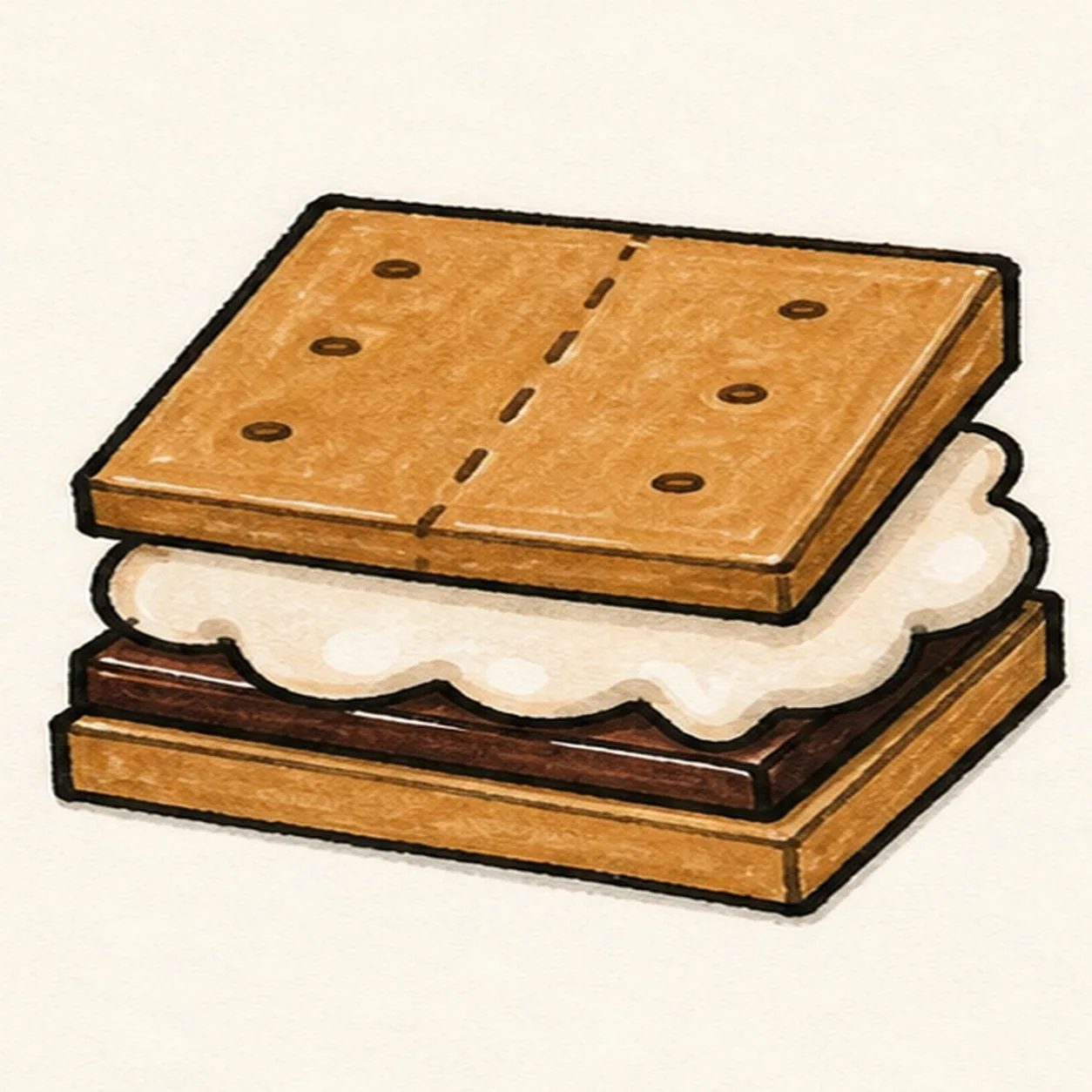 Bold marker doodle of a graham cracker s'more with tan top and bottom crackers, puffy white marshmallow, dark chocolate layer, cracker holes, center break line, thick black outlines, shine gaps, and small gray shadow