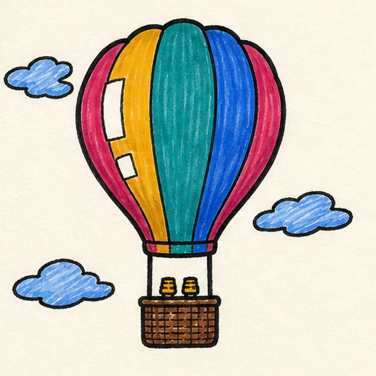Handmade felt-tip marker drawing of one face-free hot-air balloon with one scalloped envelope divided by exactly four curved seams into five broad raspberry, mustard, teal, cobalt, and raspberry bands, one narrow neck, exactly two suspension ropes, exactly two small mustard burner shapes, one rectangular warm-brown woven basket, two open white paper highlight gaps, exactly three pale-cobalt cloud wisps, thick imperfect black outlines, and visible marker streaks