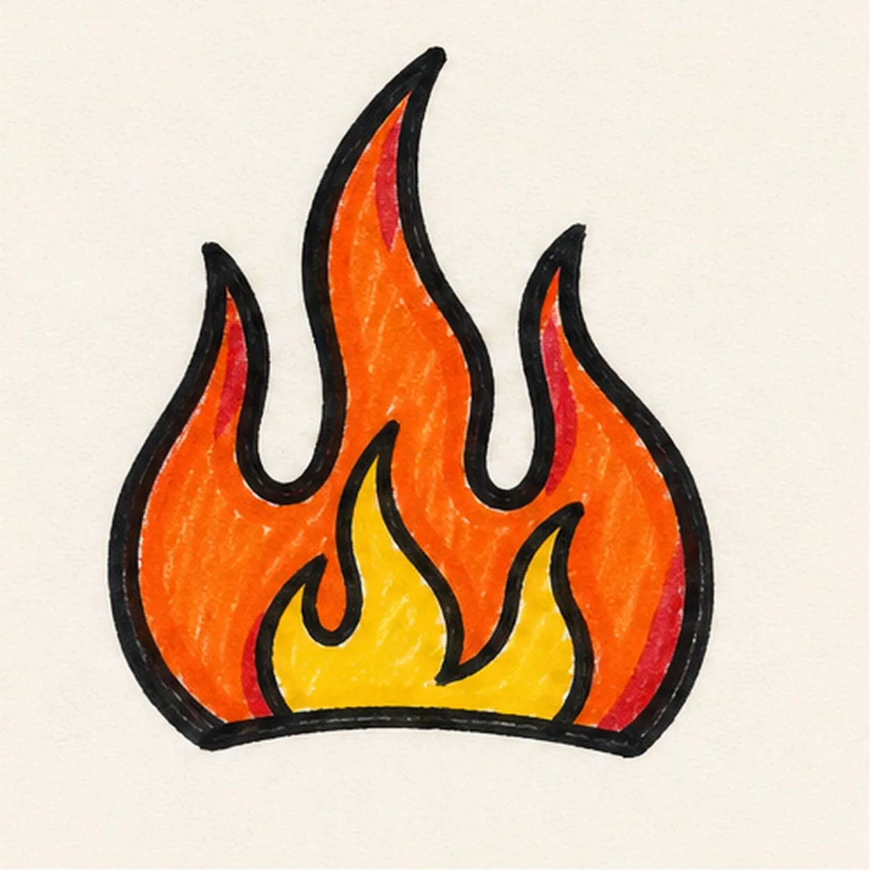 Bold marker doodle of hot rod-style flames with black outline, orange fill, yellow inner flames, and red edge accents