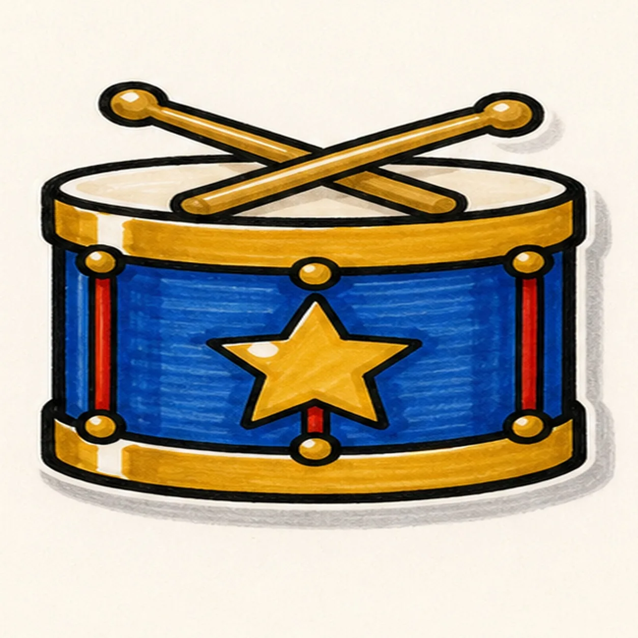 Bold marker doodle of a blue parade drum with gold rims and star, red side straps, crossed tan drumsticks, white shine gaps, thick black outline, marker texture, and gray sticker shadow