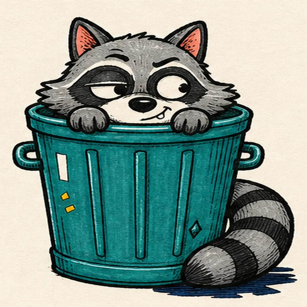 Handmade felt-tip marker drawing of one mischievous cool-gray raccoon peeking from one open teal trash can with exactly two coral-lined ears, two asymmetric charcoal mask patches, one half-lidded eye and one wide eye glancing toward the right side of the page, one raised brow, one dark nose, one crooked grin with one small tooth, exactly two gray paws gripping the front rim, one curled gray tail with exactly three charcoal bands, exactly two can handles, exactly four long can ribs, one tall open-paper highlight, two mustard accent blocks, one diamond-shaped dent, thick imperfect black outlines, visible marker streaks, and one broken deep-navy shadow