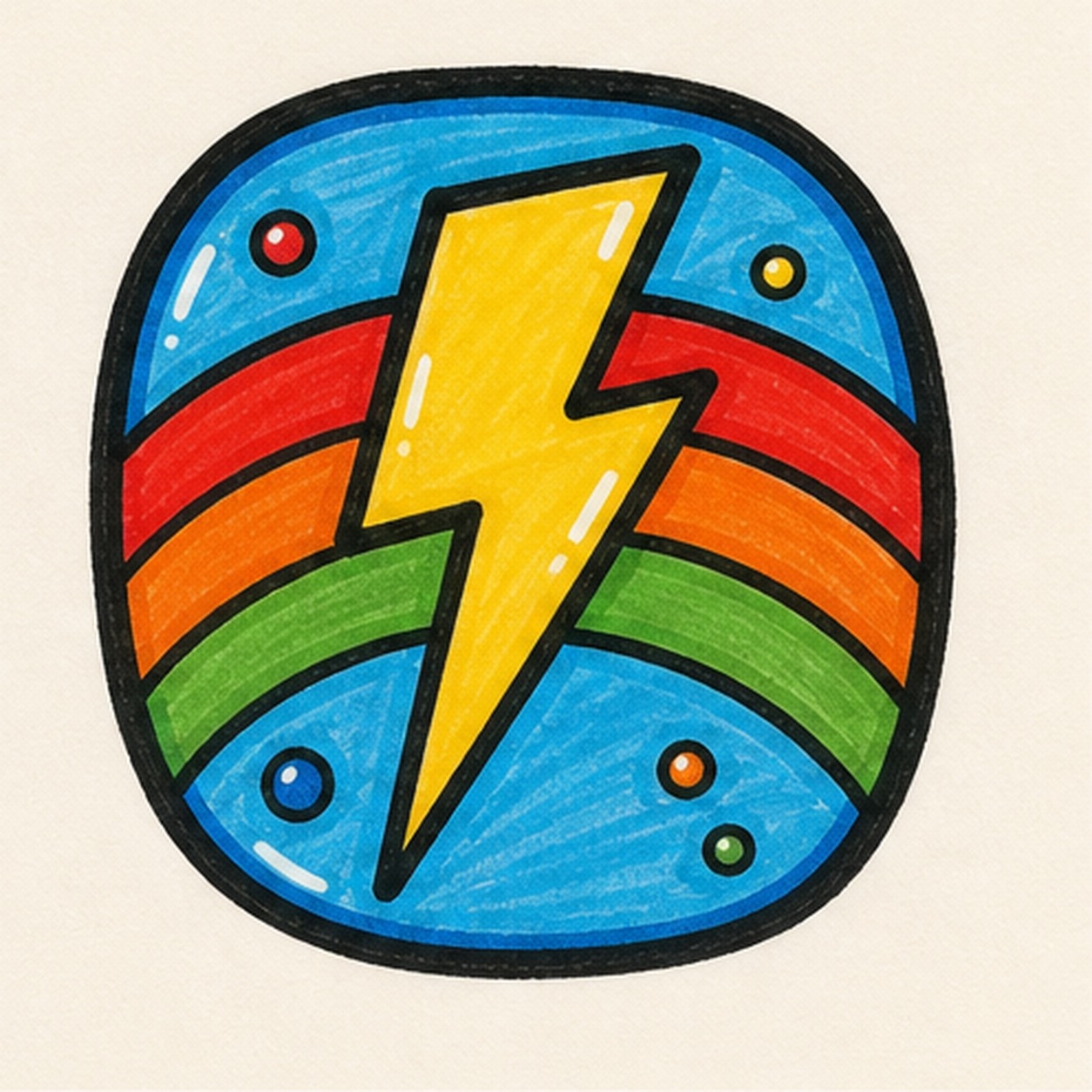 Bold marker doodle of a rounded blue badge with a yellow lightning bolt, red orange and green rainbow bands, accent dots, thick black outline, and marker texture