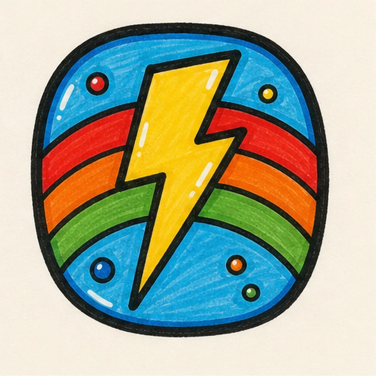 Bold marker doodle of a rounded blue badge with a yellow lightning bolt, red orange and green rainbow bands, accent dots, thick black outline, and marker texture