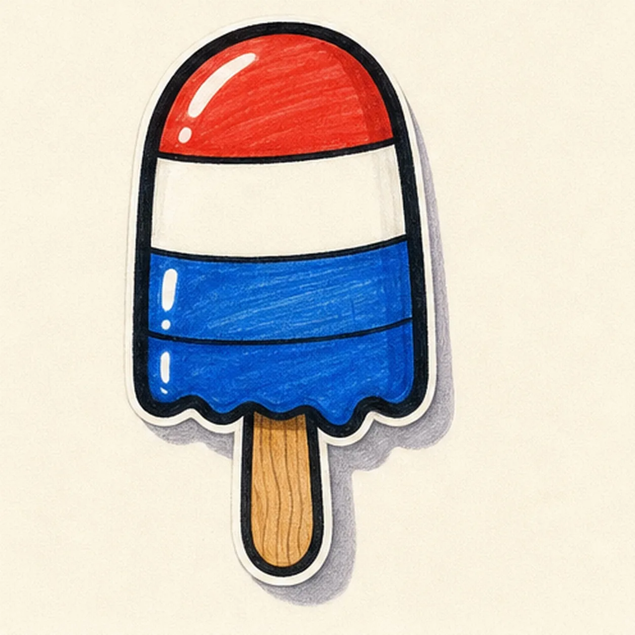 Bold marker doodle of a red white and blue popsicle badge with thick black outline, wooden stick, shine marks, wavy blue melt edge, marker streaks, and gray sticker shadow