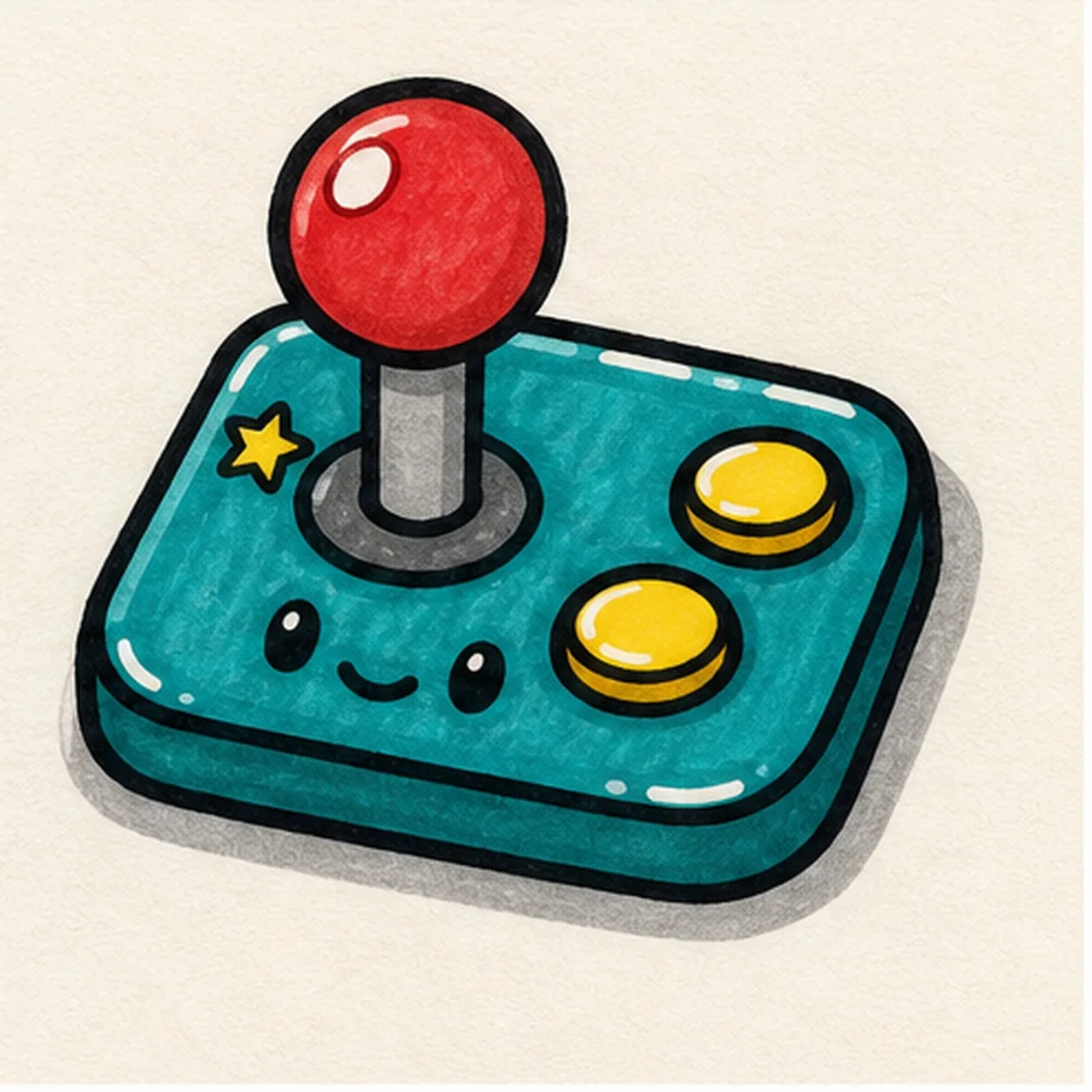 Bold marker doodle of a retro arcade joystick sticker with teal rounded base, red ball top, yellow buttons, cute face, star accent, thick black outline, gray shadow, white highlights, and marker texture
