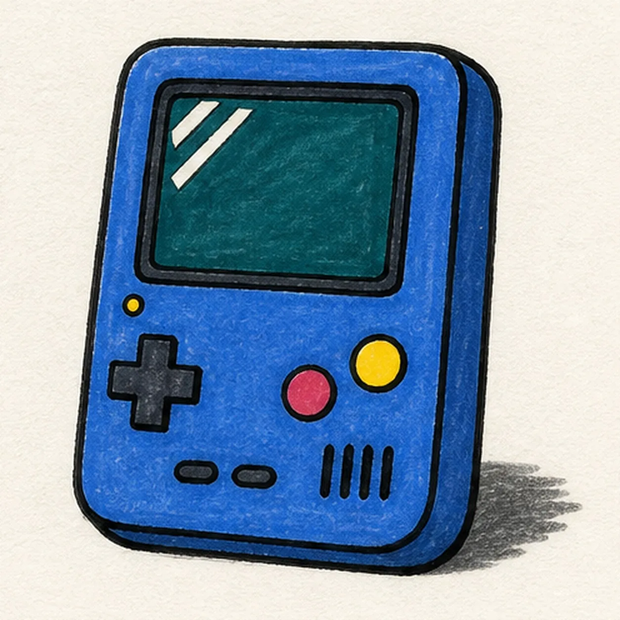 Handmade felt-tip marker drawing of one face-free cobalt-blue retro handheld game console in a chunky three-quarter view with one blank deep-teal inset screen, two diagonal screen highlights, one mustard D-pad, exactly two raspberry action buttons, exactly two small menu buttons, exactly four black speaker slots, one small power light, warm-gray side planes, thick black outlines, white paper highlights, and one broken deep-teal cast shadow