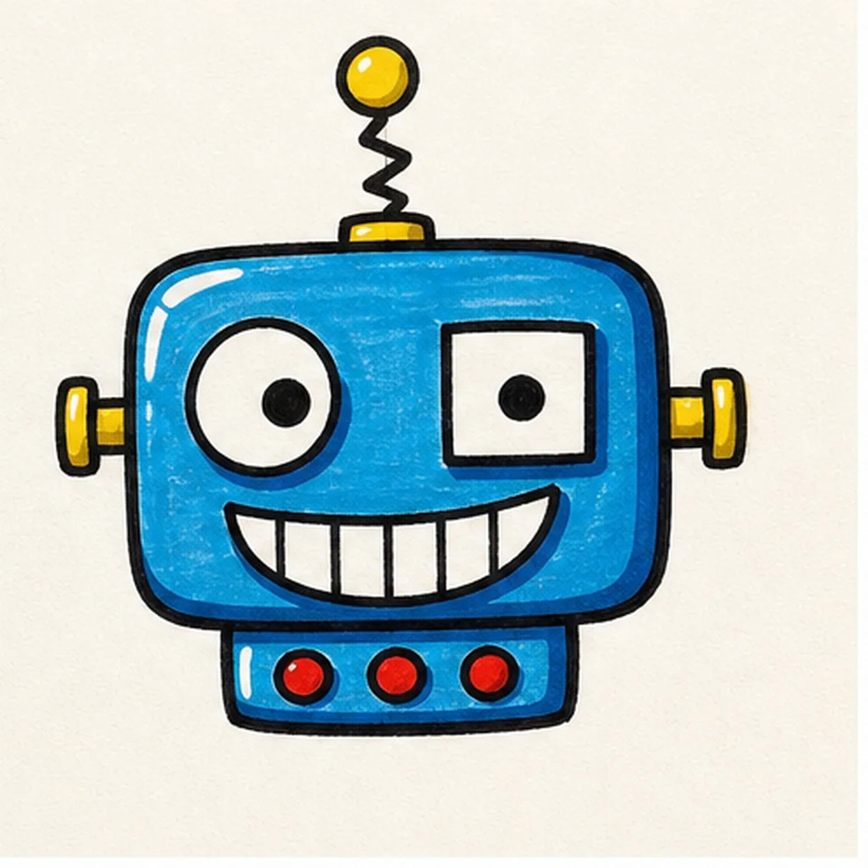 Bold marker doodle of a silly blue robot head with mismatched eyes, toothy grin, spring antenna, yellow side bolts, and red buttons
