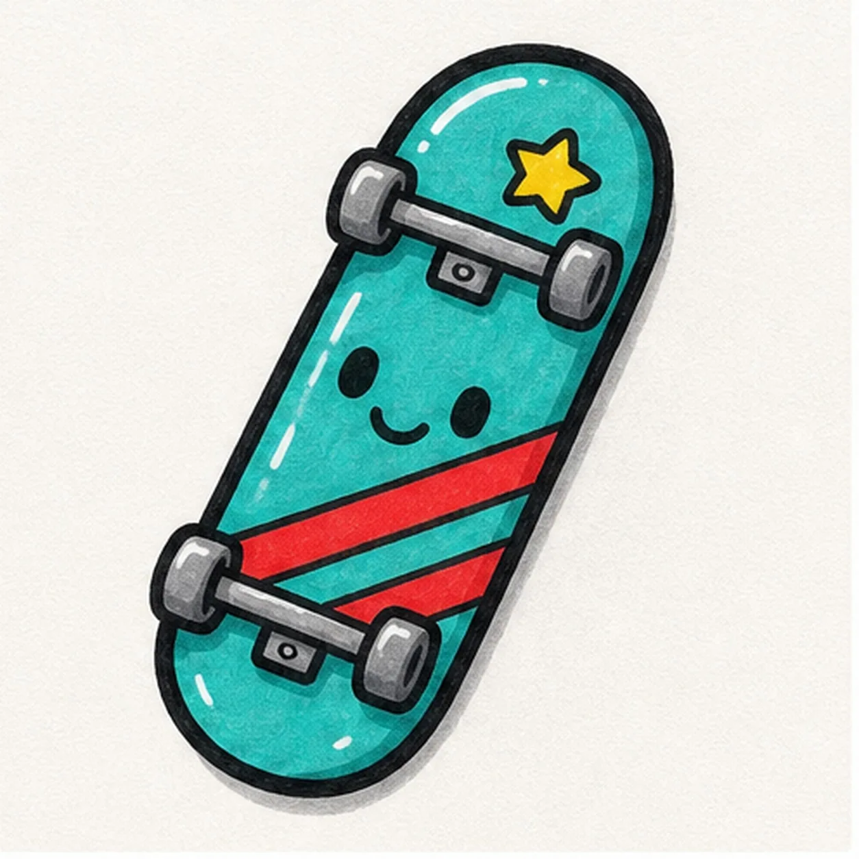 Bold marker doodle of a cute teal skateboard sticker with wheels, trucks, face, yellow star, red stripes, thick black outline, and marker texture