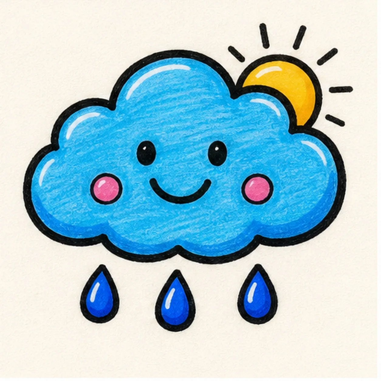 Bold marker doodle of a smiling blue cloud with pink cheeks, three blue raindrops, a tiny yellow sun peeking out, thick black outline, and marker texture