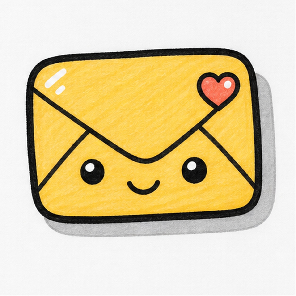 Bold marker doodle of a smiling yellow envelope sticker with folded flap lines, heart stamp, cute face, gray shadow, white highlights, thick black outline, and marker texture